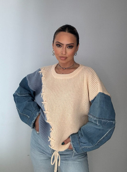 Camisola Malha inglesa com detalhe Denim